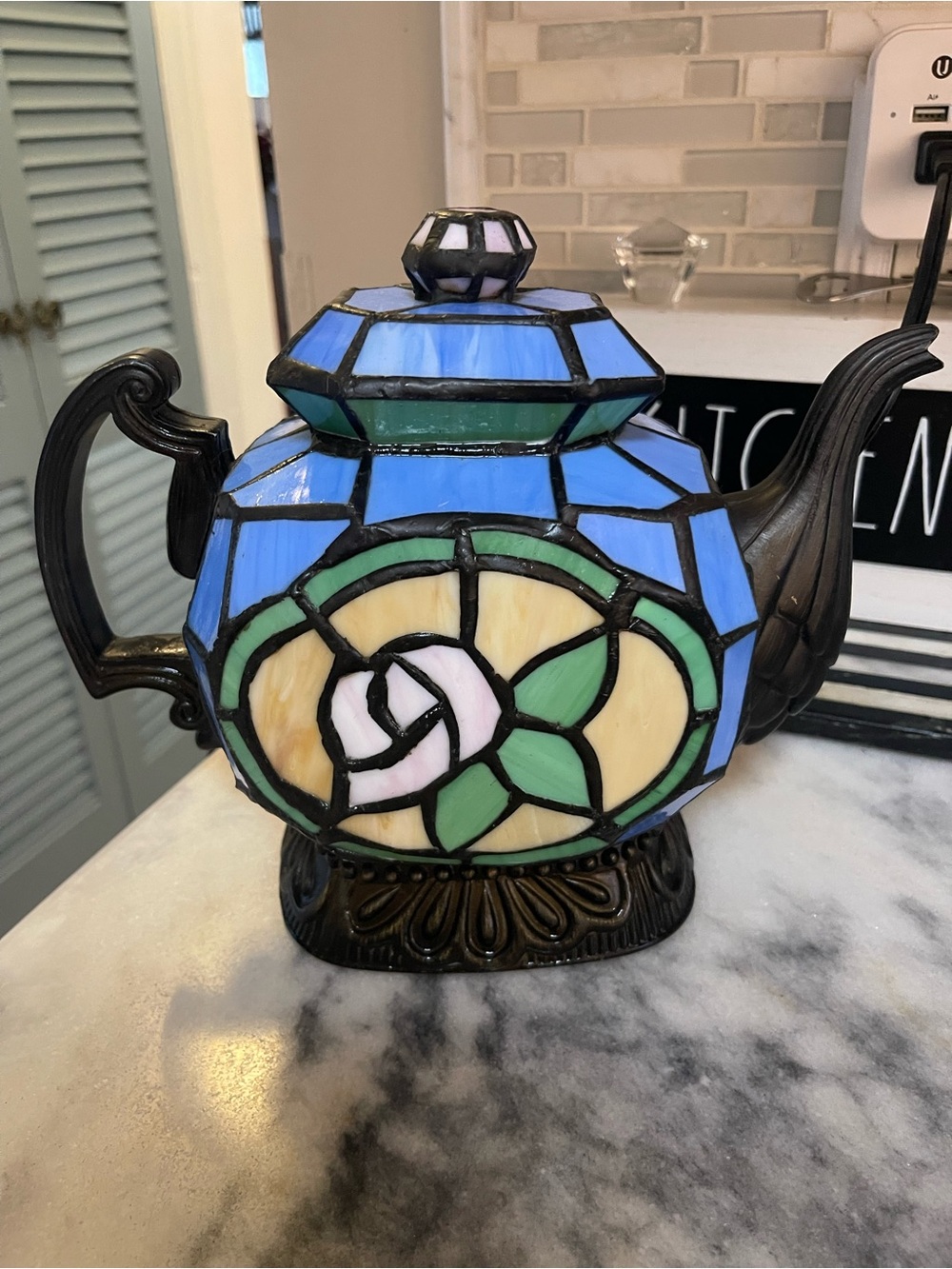 Stained Glass Teapot Lamp - Blue/Green Floral Design